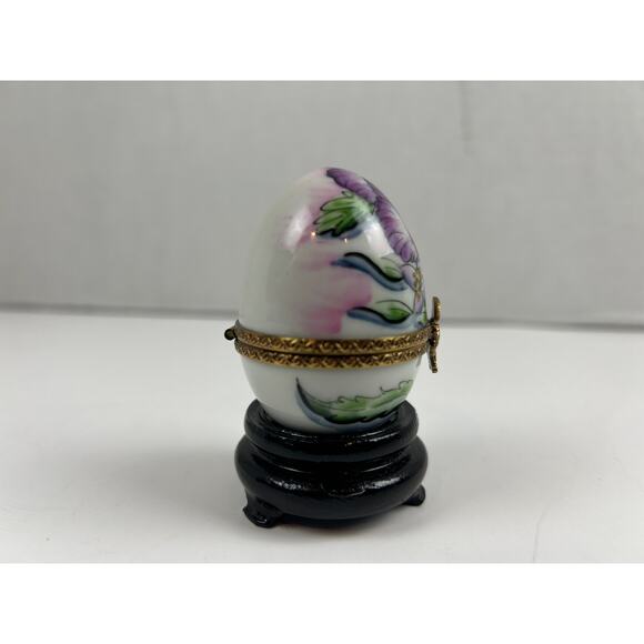 Limoges France Hand Painted Porcelain Trinket Box Egg Purple Floral Richard - Picture 4 of 9
